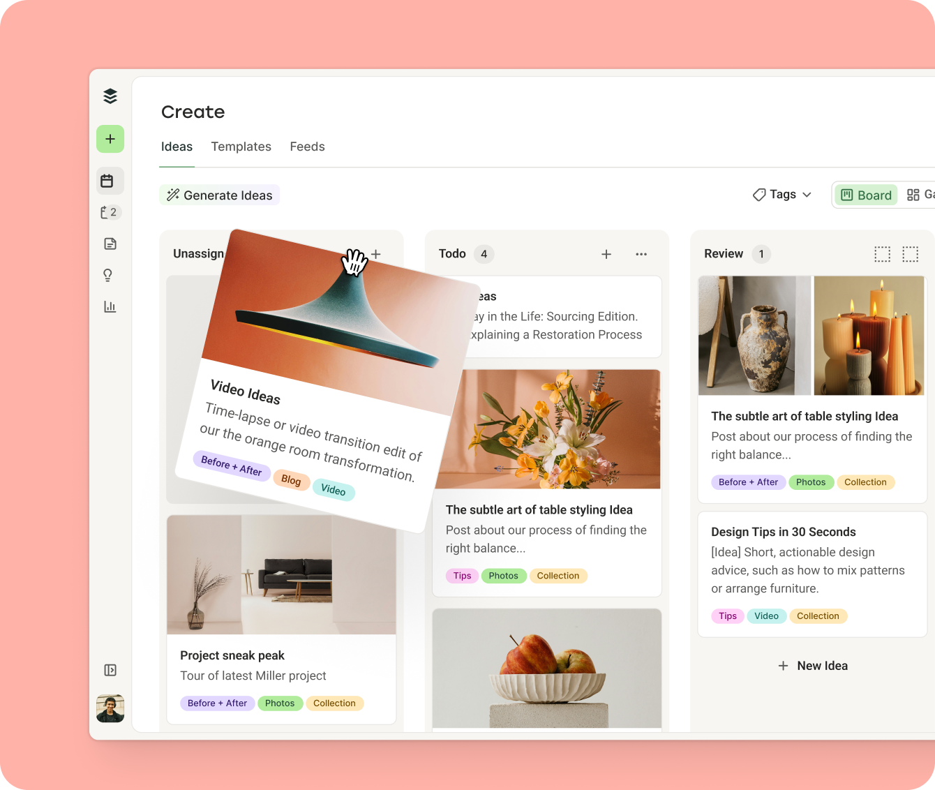 Buffer social media calendar planning in the Create space Ideas tab — a kanban board of content ideas across Unassigned, Todo and Review columns, one card mid-drag