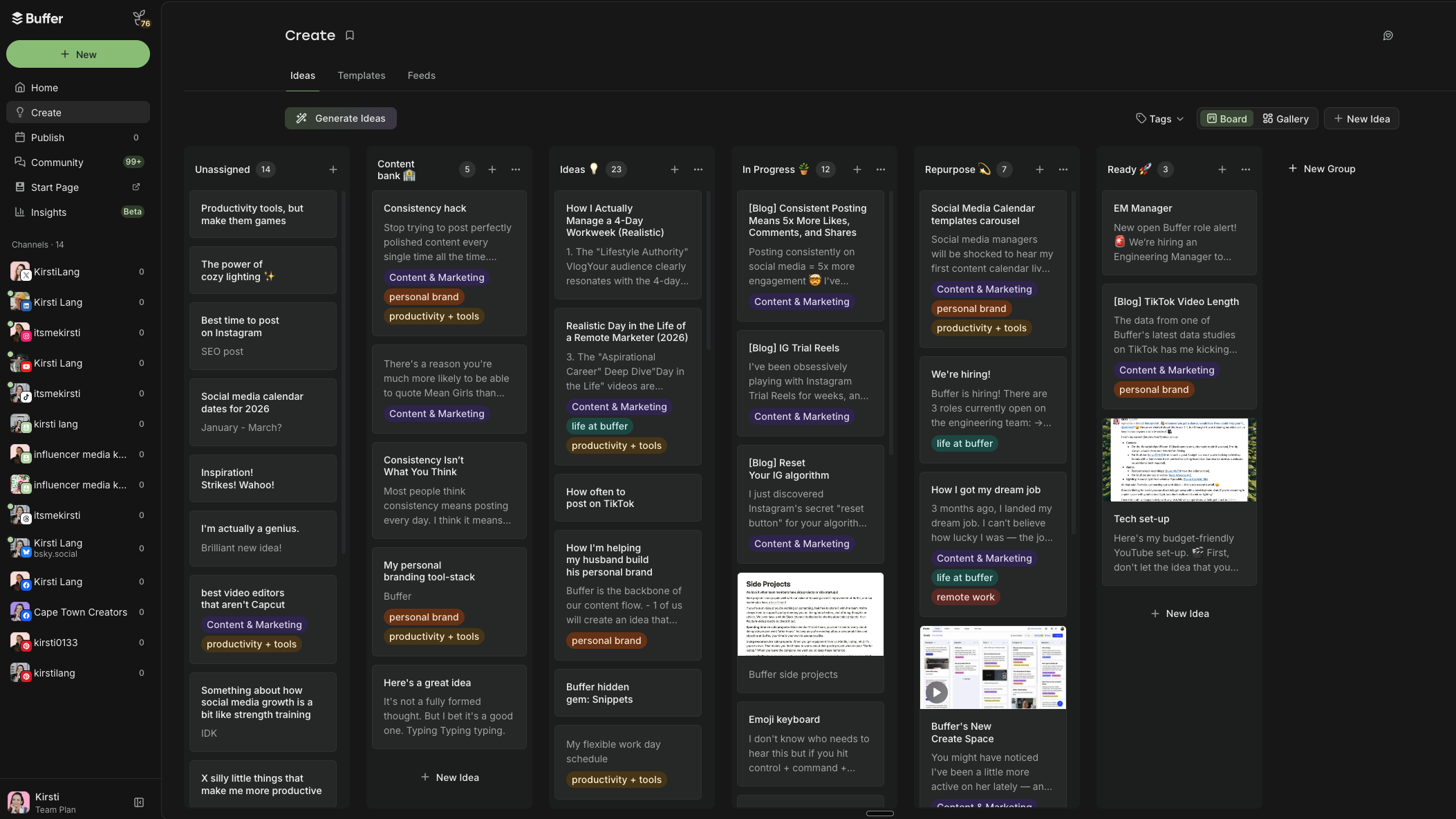 Buffer social calendar workspace with a Kanban board for content ideas, planning, organizing, and tracking posts to streamline social media calendar management.