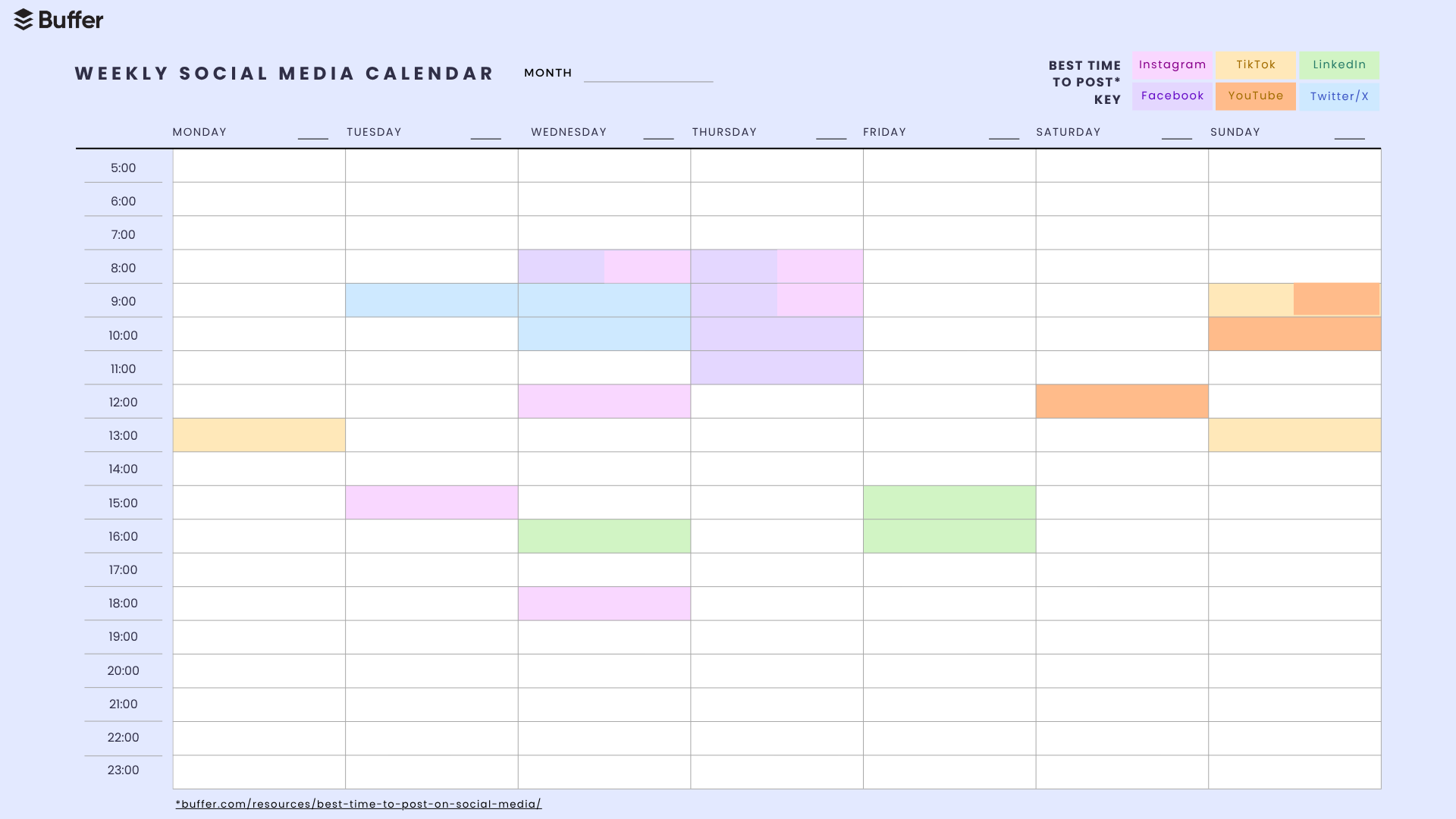 Buffer social media calendar template showing a weekly posting schedule with the best times to post across Instagram, TikTok, LinkedIn, Facebook, YouTube, and X.