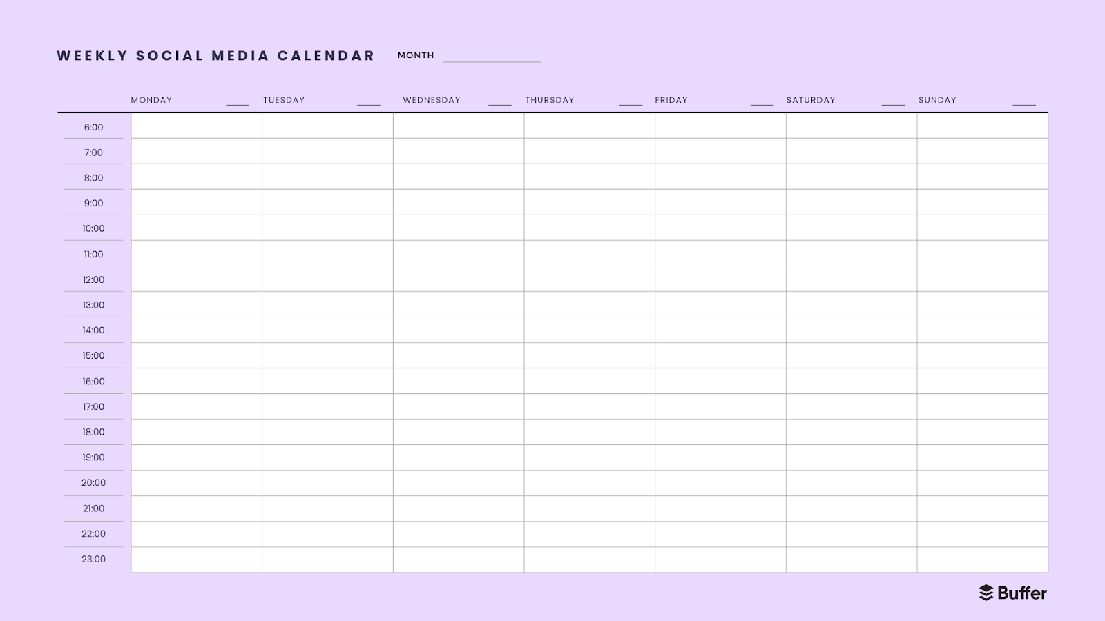 Buffer weekly social media calendar template with a blank schedule for planning and organizing social media posts by day and time across the week.