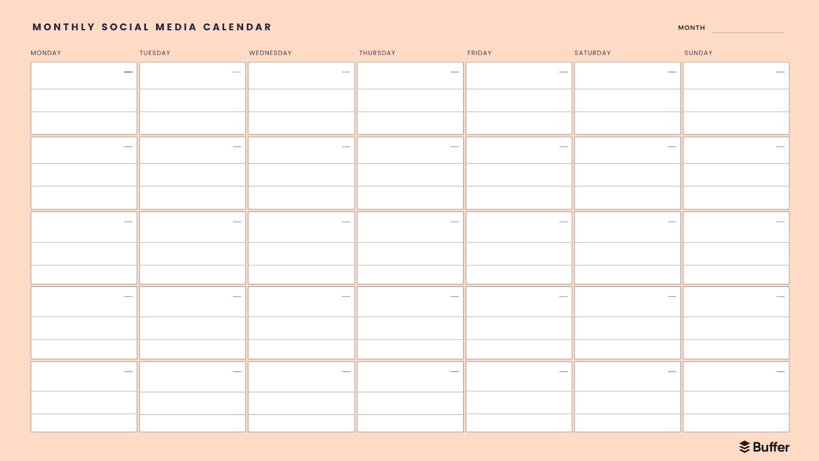 Buffer monthly social media calendar template with a blank monthly planner for scheduling, organizing, and tracking social media posts throughout the month.