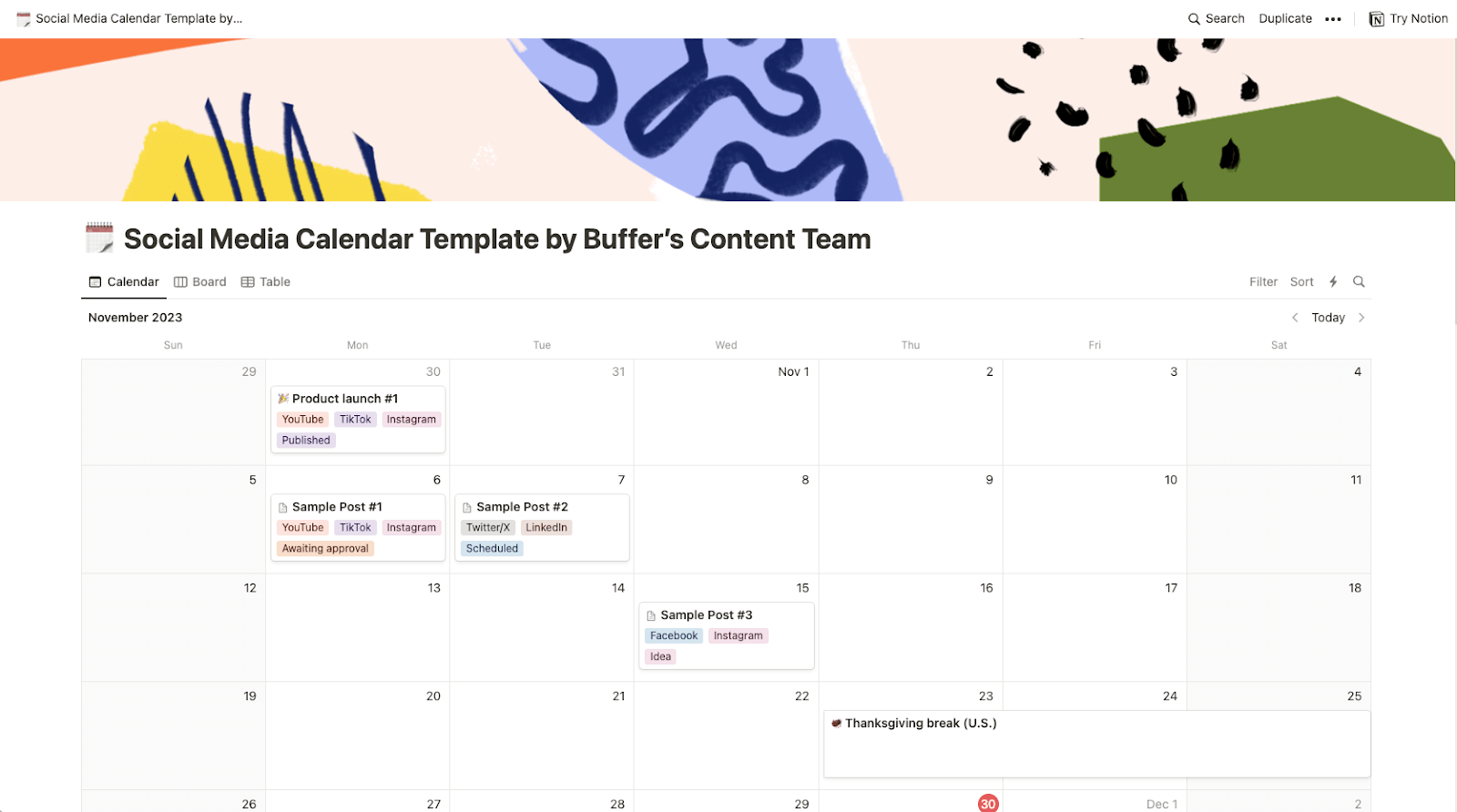 Buffer social media calendar template in Notion with a monthly content planning view for organizing, scheduling, and tracking posts across multiple social media platforms.