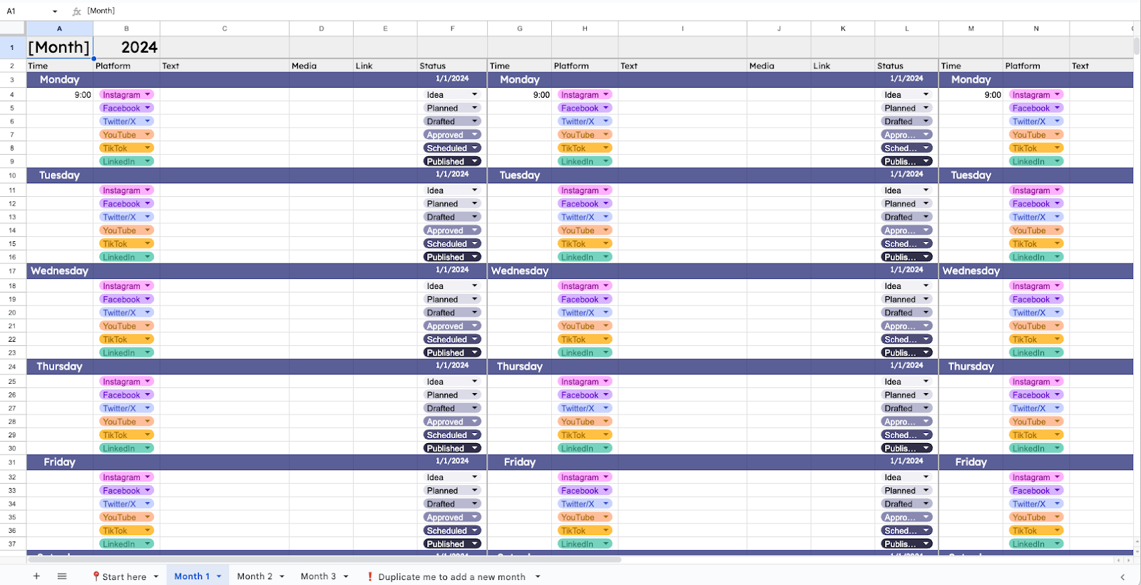 Google Sheets social media calendar template with weekly content planning, platform tracking, post status, media links, and scheduling for Instagram, Facebook, TikTok, LinkedIn, YouTube, and X.