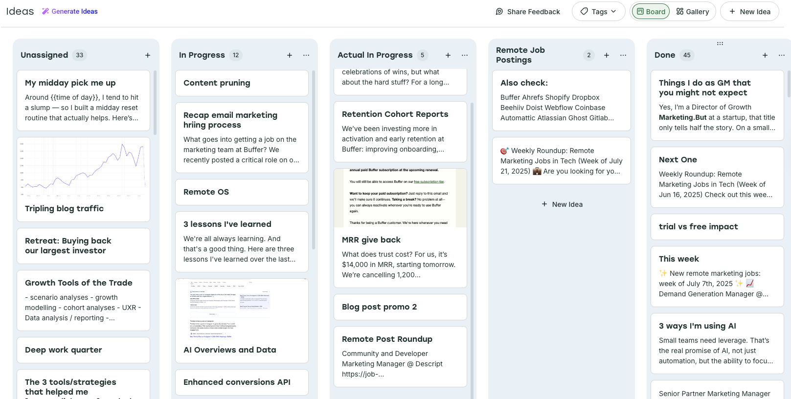 Buffer social media calendar template with a Kanban board for organizing content ideas, tracking post progress, and managing social media publishing workflows.