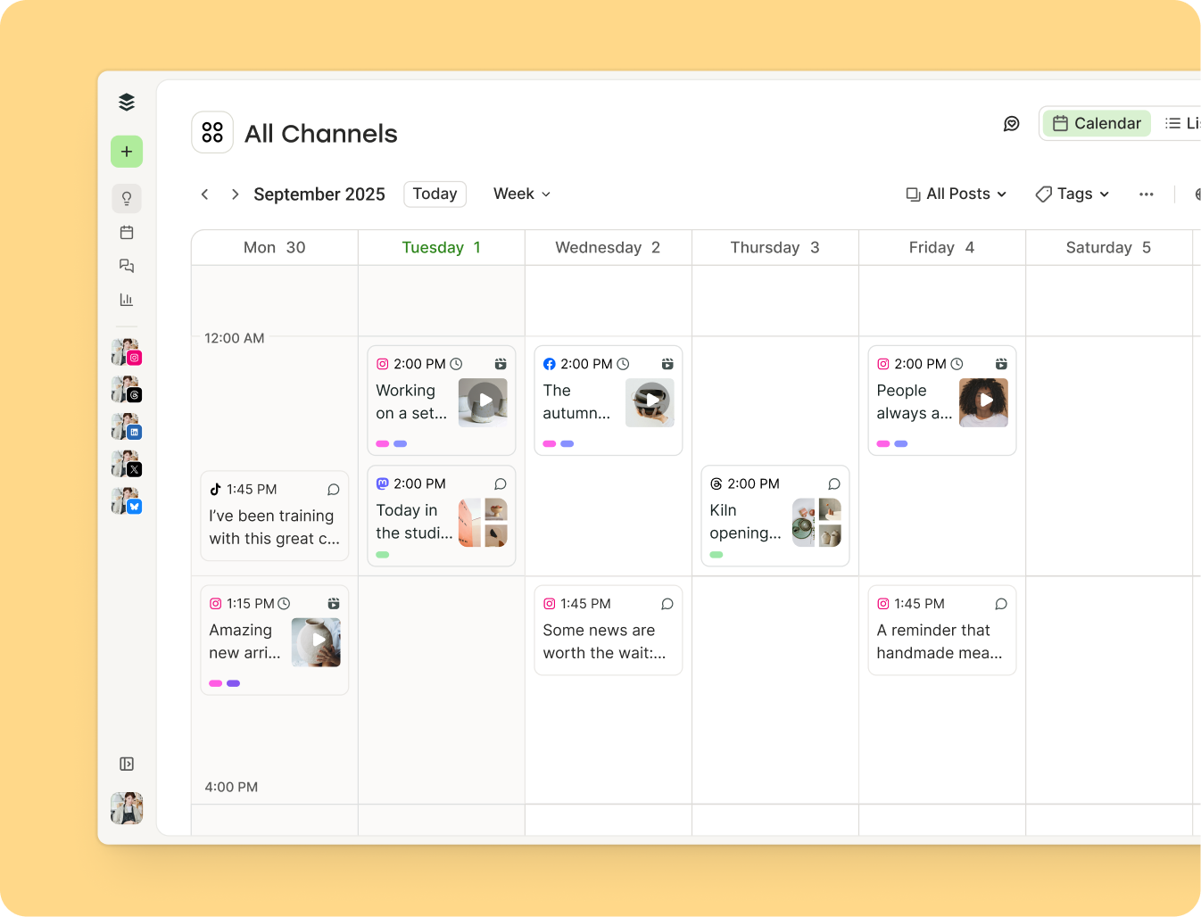 Buffer social media calendar in weekly view showing scheduled posts across Instagram, Facebook, Threads and Mastodon at set times through the week