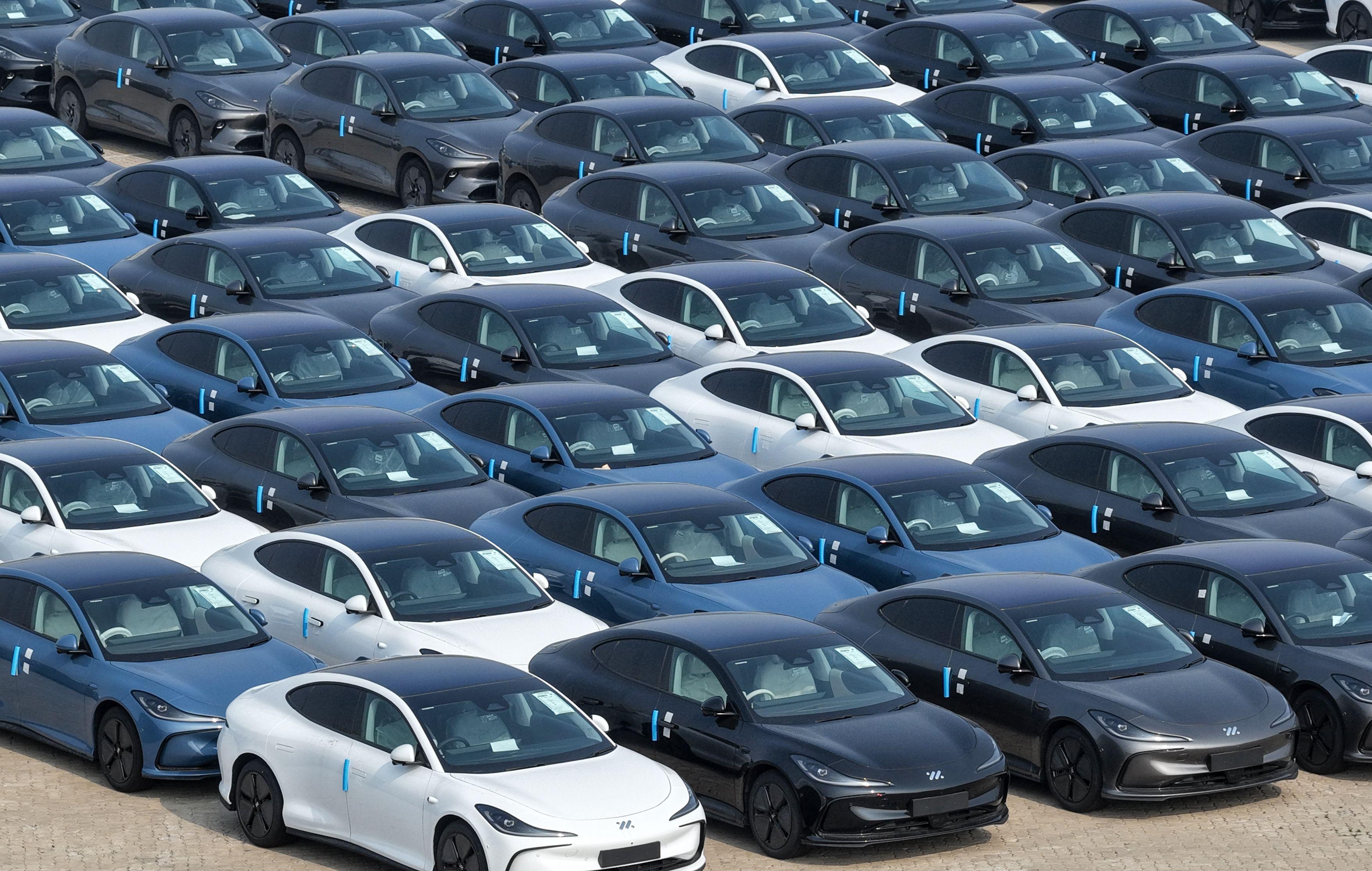 YANTAI, CHINA - JULY 03 2026: New IM5 electric cars wait for shipment to overseas market in a port in Yantai in eastern China’s Shandong province, Friday, July 3, 2026. (Photo credit should read stringer/ Feature China/Future Publishing via Getty Images)