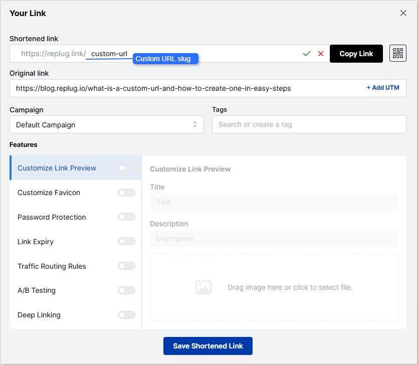 Replug URL shortener interface showing custom URL slugs, link previews, password protection, A/B testing, and deep linking.