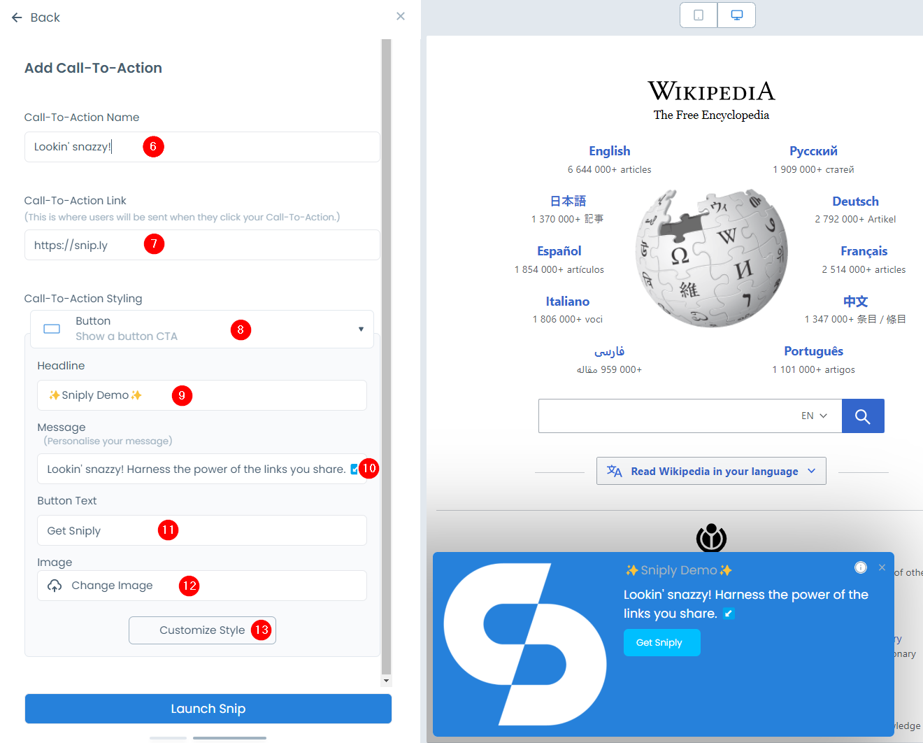 Sniply URL shortener interface showing a customizable call-to-action overlay with headline, message, button, image, and styling options.