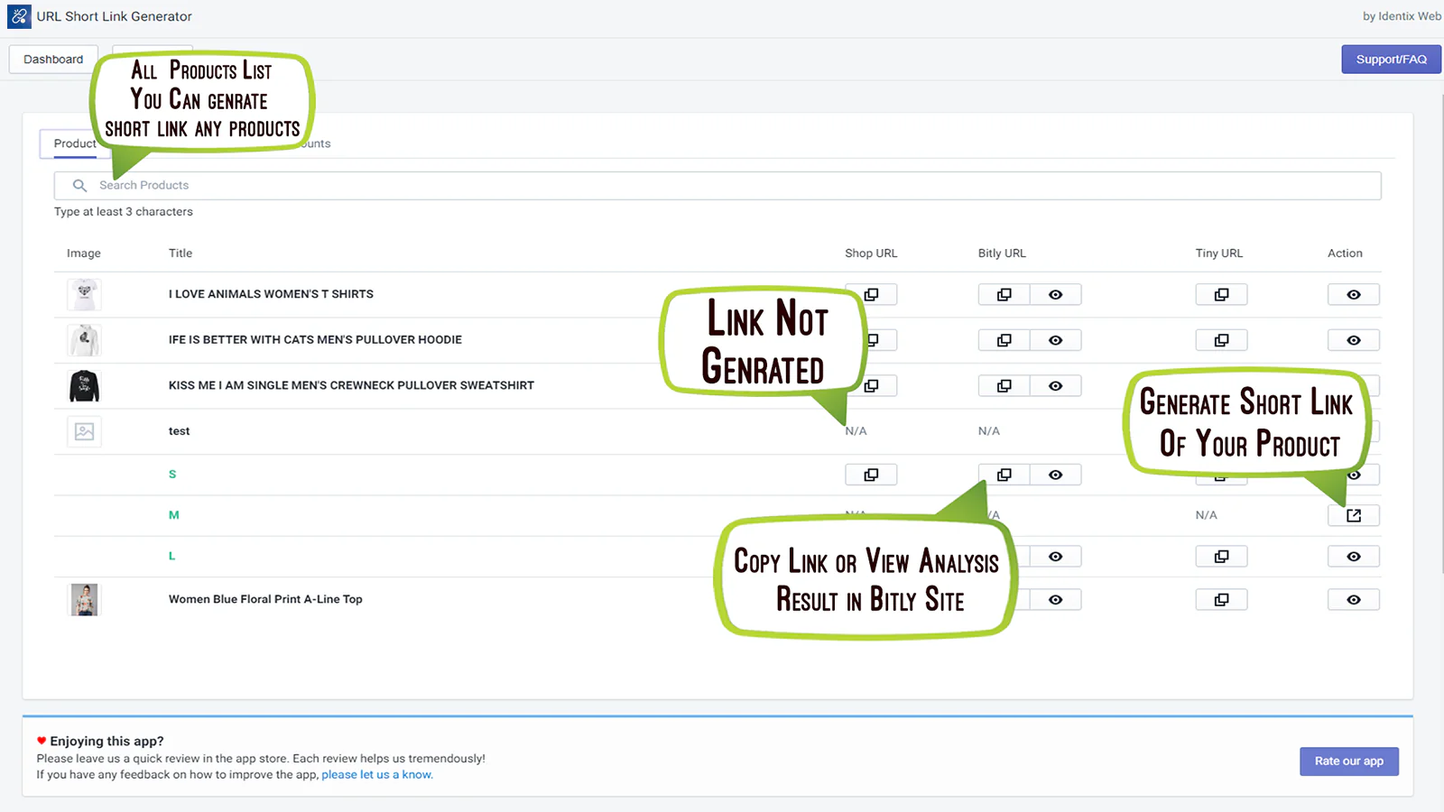 SnipIt URL shortener showing a product list with options to generate short links, copy Bitly URLs, and view link analytics.