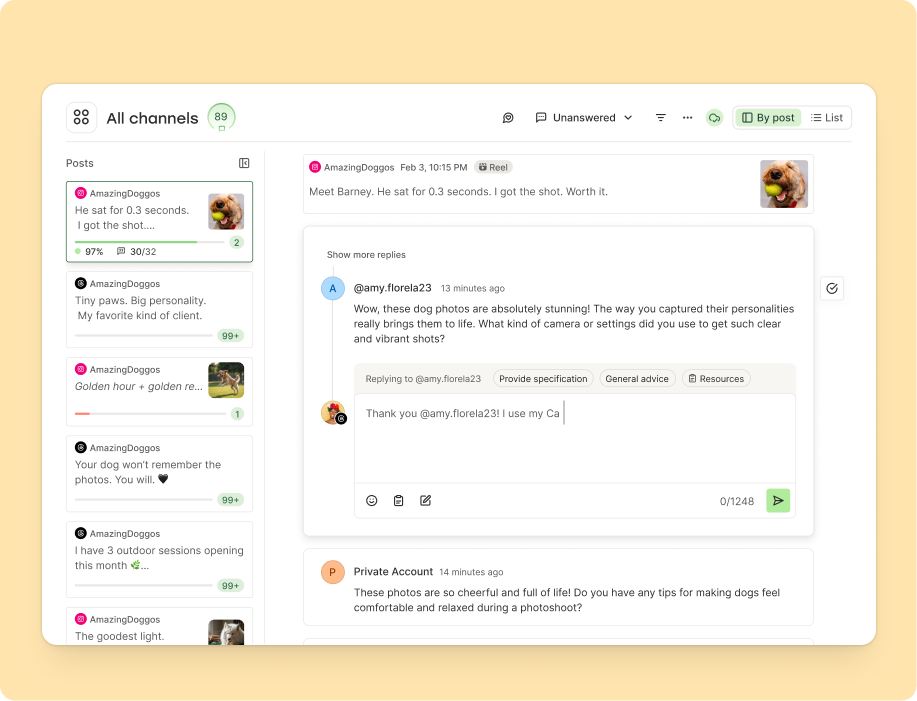 Buffer vs. Hootsuite comparison: Buffer's engagement inbox showing replies to an Instagram post with AI-suggested reply options like Provide specification and General advice