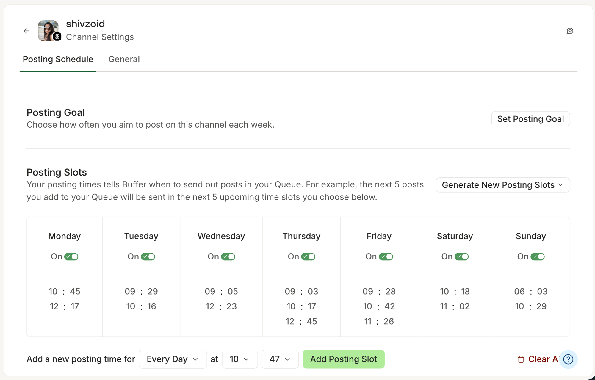 Buffer vs. Meta Business Suite comparison showing Buffer's Posting Schedule settings with weekly posting slots by day