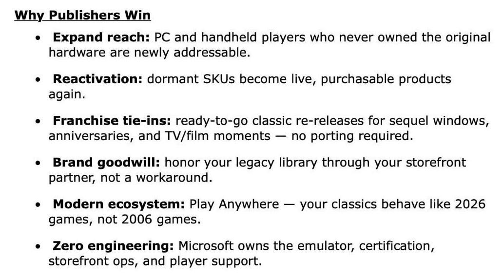 It reads “Why publishers win” and the reasons include “expand reach” “reactivation” “franchise tie-ins” “brand goodwill”, “modern ecosystem” and “zero engineering.” 