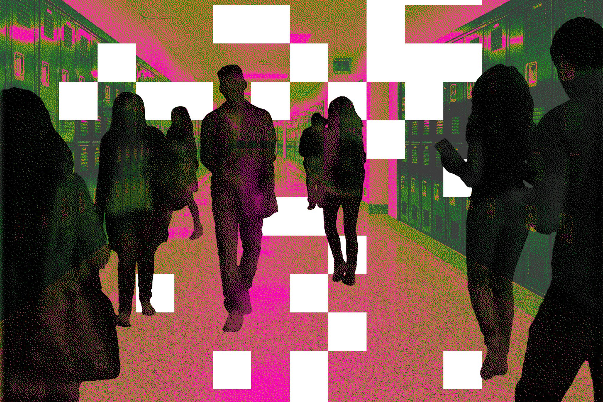 Graphic illustration of students walking down a hallway in school.