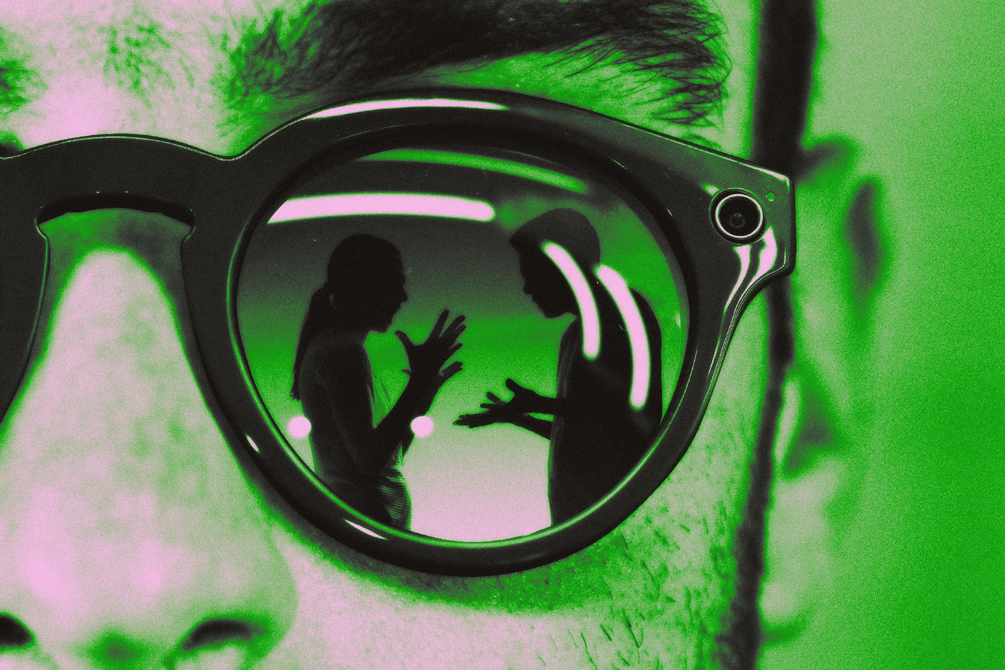 And illustration of Meta smart glasses recording a couple arguing