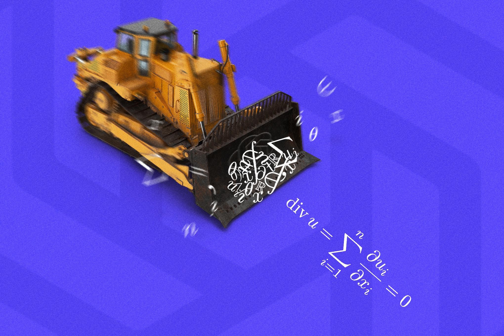 An illustration of a bulldozer scooping up mathematical equations