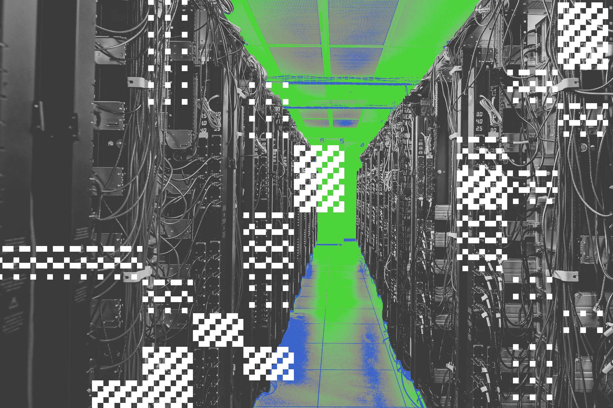Photo collage of a server room with data visualizations.