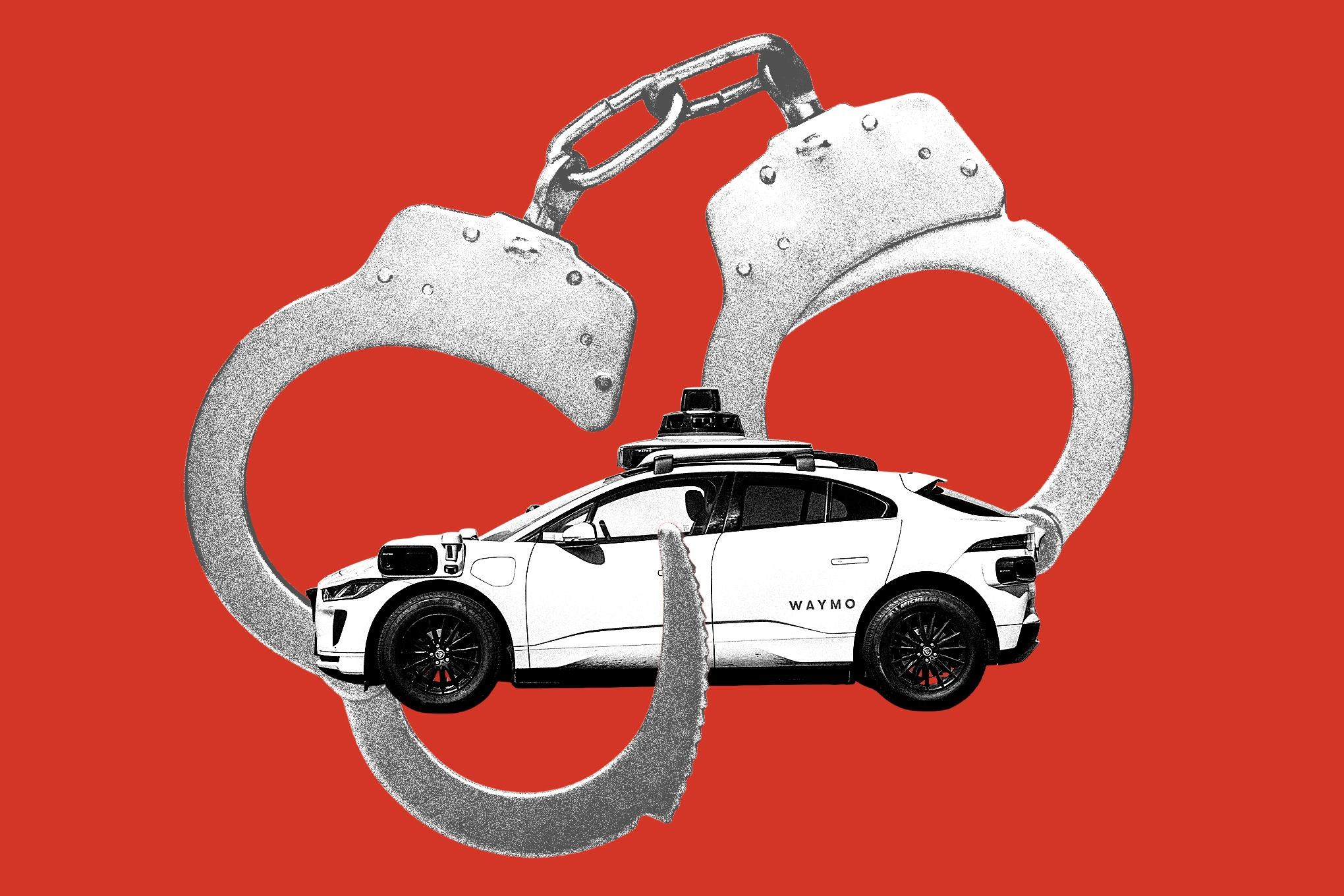 Waymo robotaxi with handcuffs