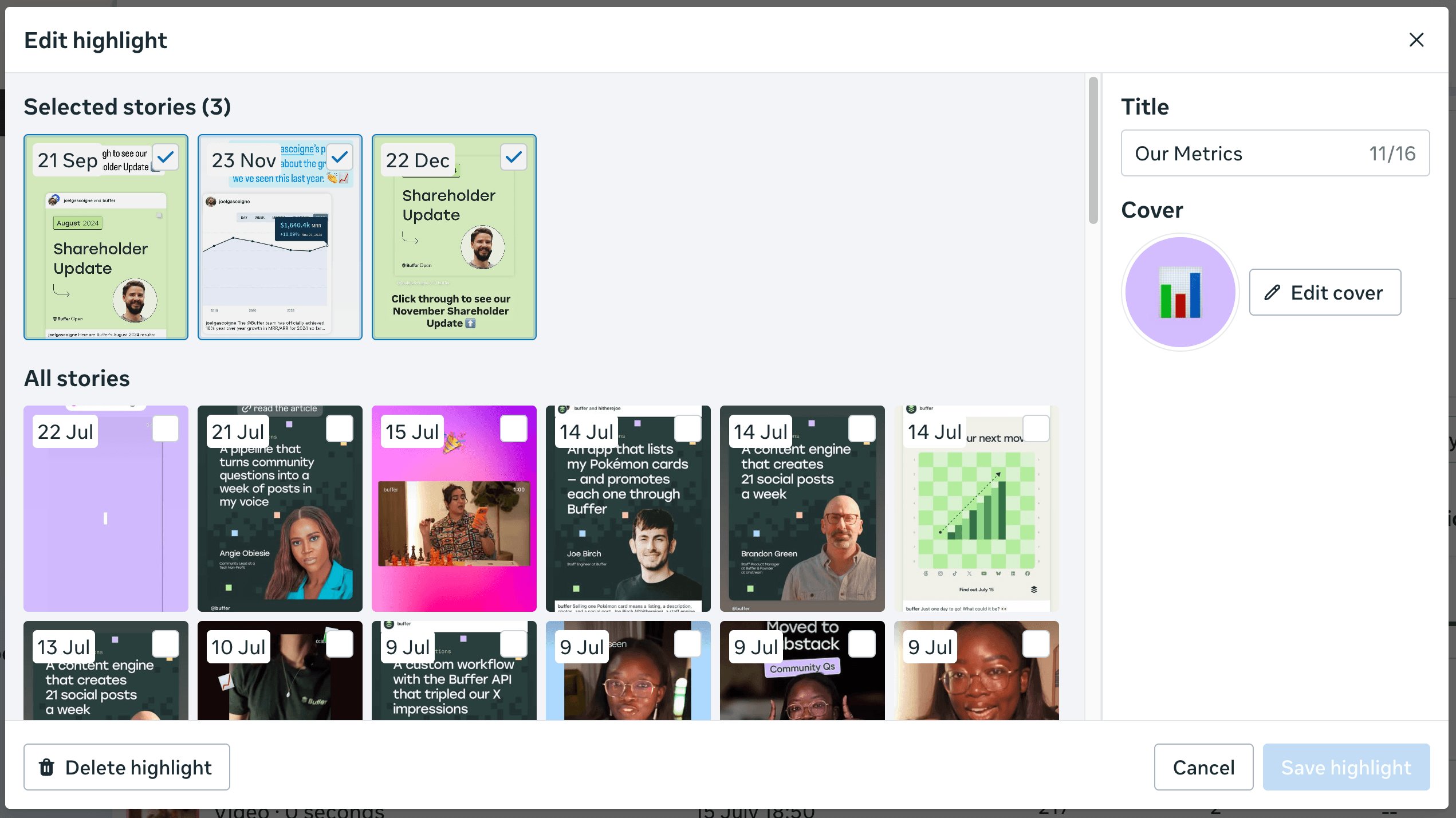 Later alternative Meta Business Suite's Edit highlight window with three selected stories, a grid of past stories, and title and cover settings