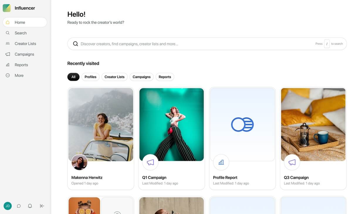 Sprout Social's Influencer home page with a creator search bar and recently visited creator profiles, campaigns, and reports