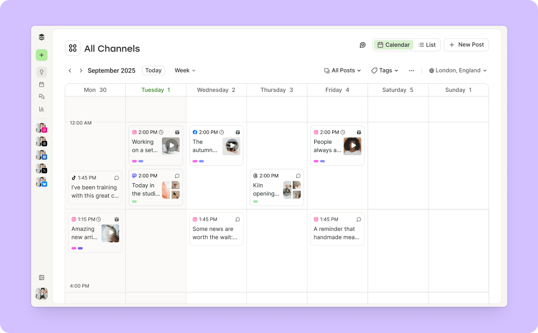 Later alternative Buffer's All Channels calendar in week view with scheduled posts across Instagram, Facebook, TikTok, and other channels