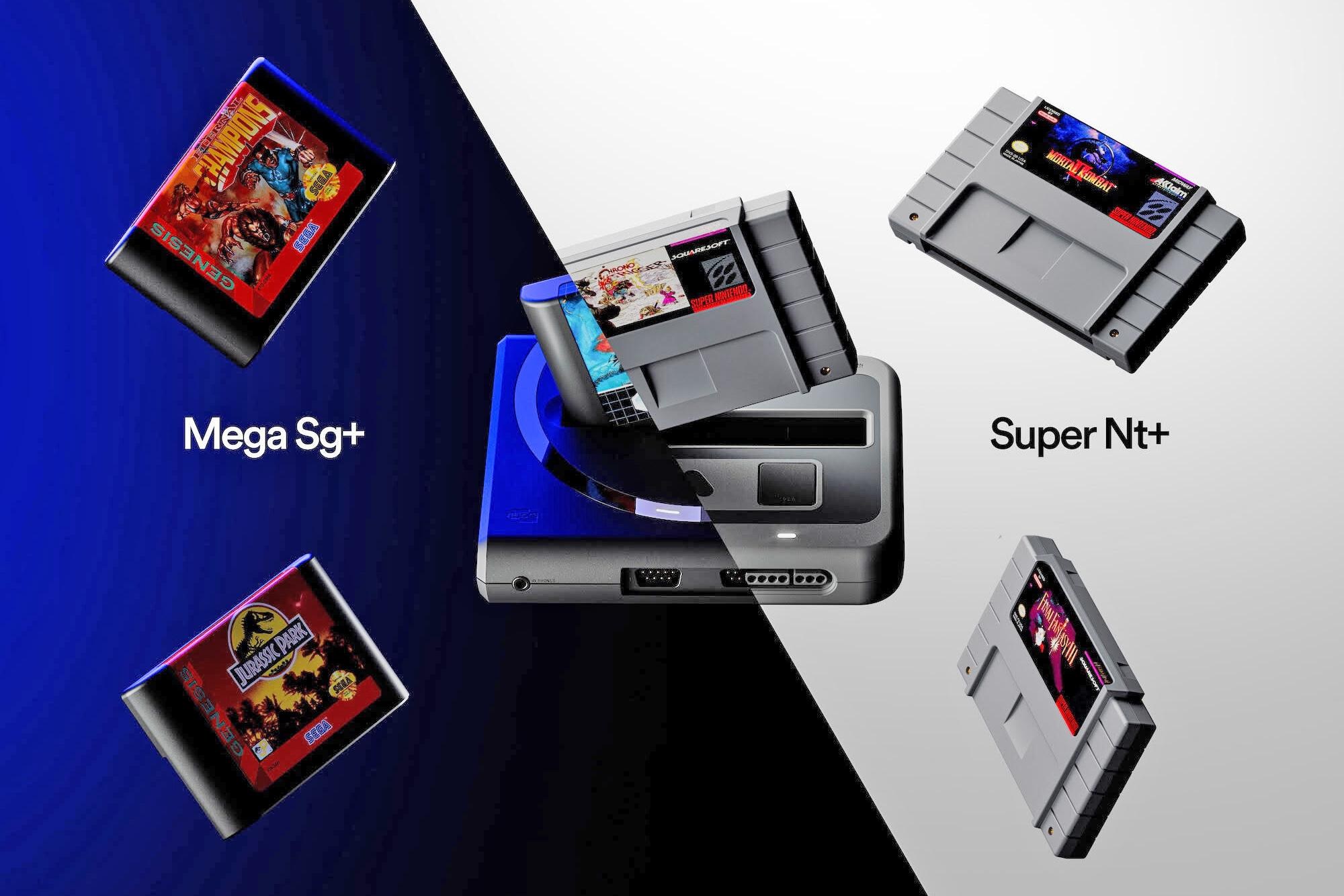 A split image showing the Analogue Super Nt Plus and Mega Sg Plus consoles with cartridges floating around them.