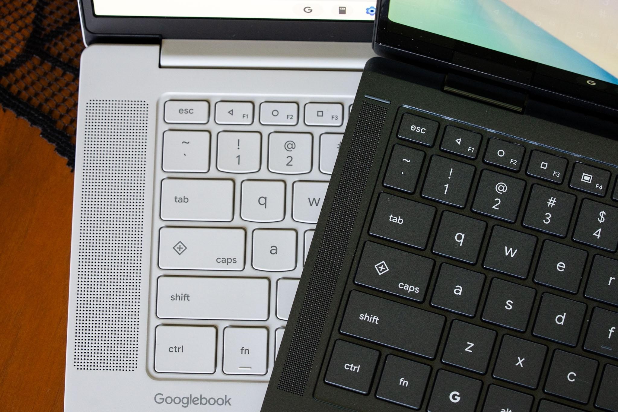 A close-up photo of two Googlebook keyboards.