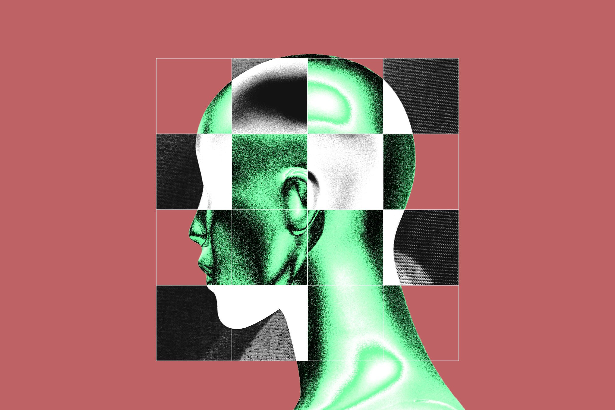 A mannequin’s face covered in pixels.