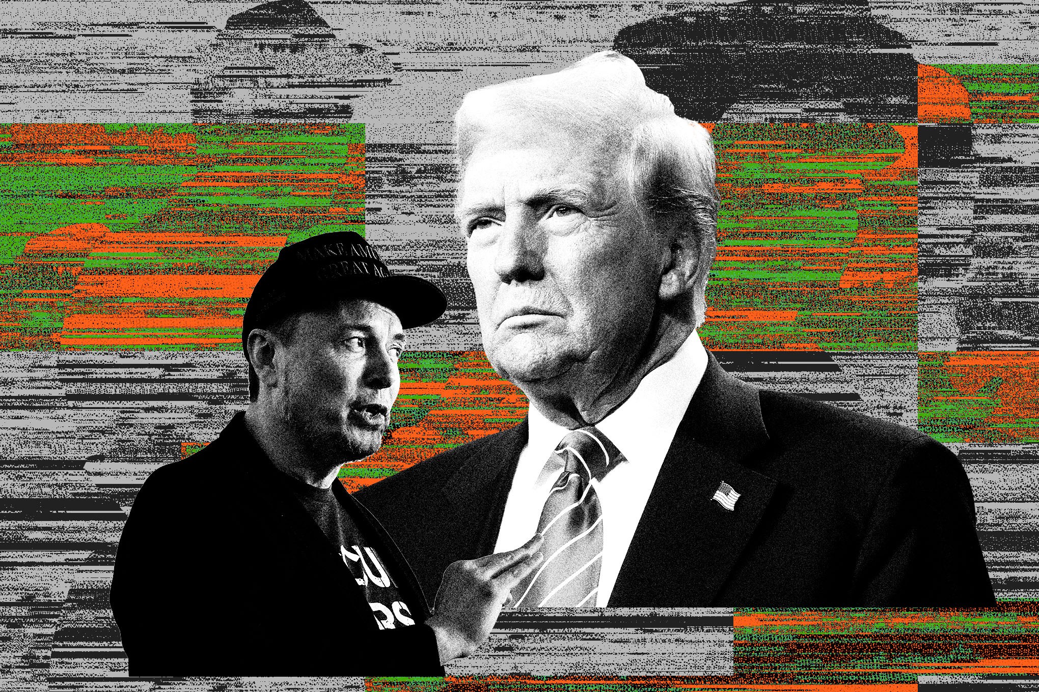 Elon Musk and Donald Trump, superimposed over static