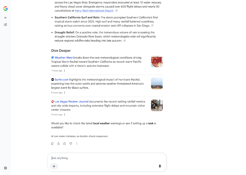 Google AI Mode Dive Deeper section with three related-article links and image thumbnails.