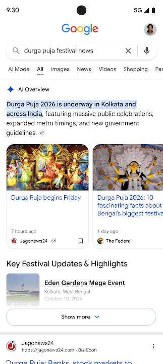 Google AI Overview for Durga Puja festival news showing a carousel of timely articles in India.