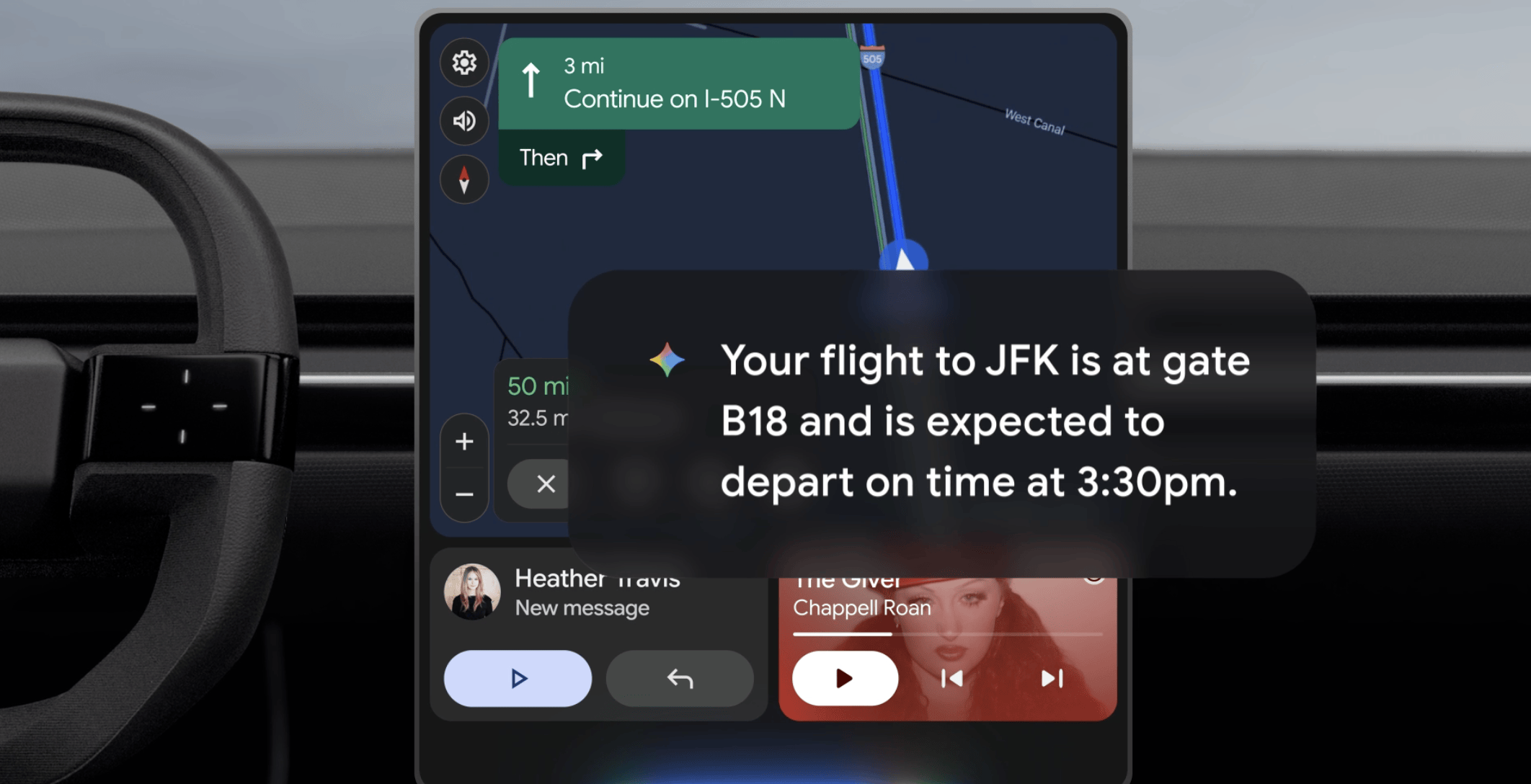 An image showing Gemini’s Personal Intelligence feature on a car’s display
