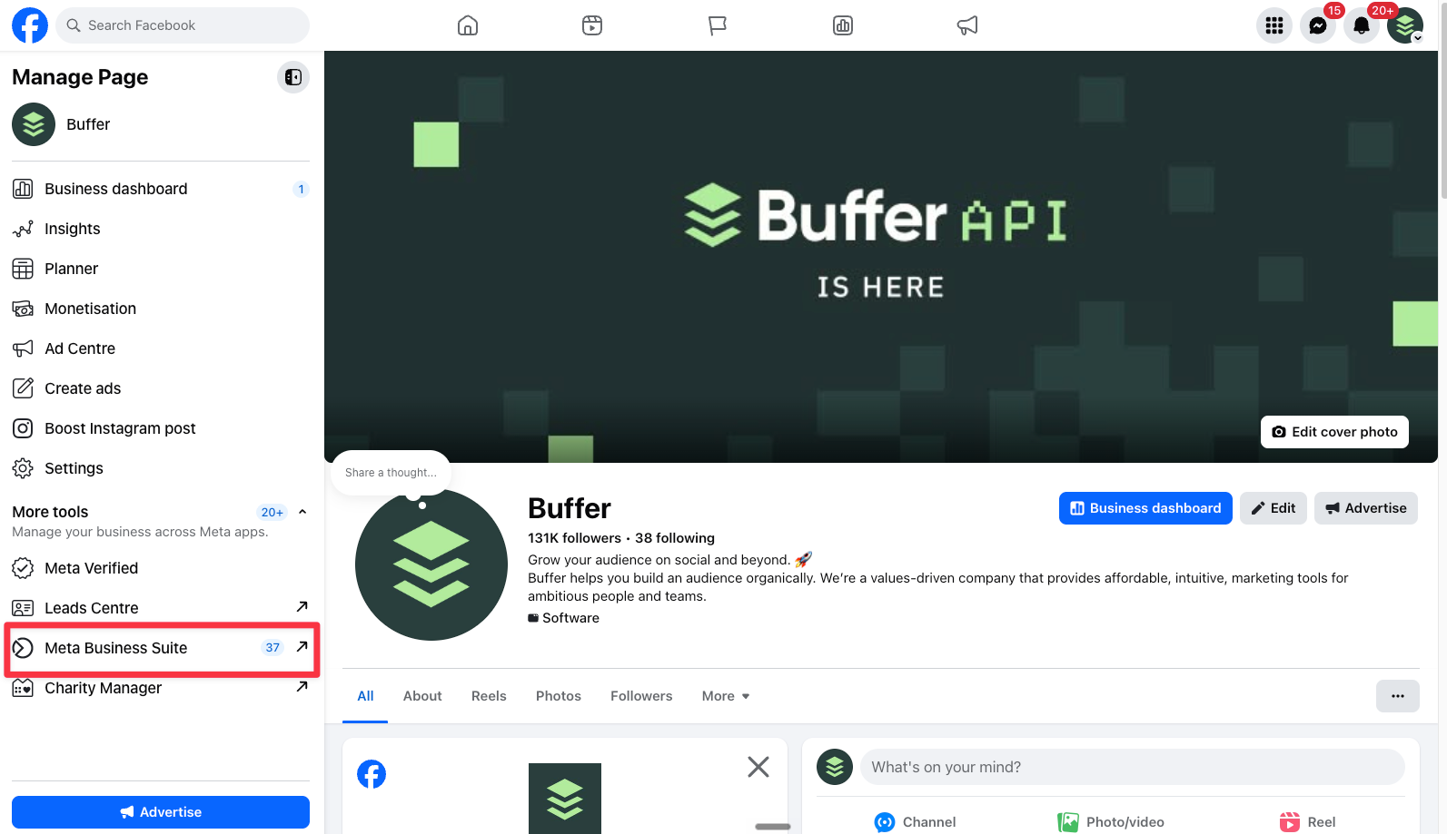 How to schedule a post on Facebook from a Page: the Buffer Facebook Page’s Manage Page menu with Meta Business Suite highlighted under More tools