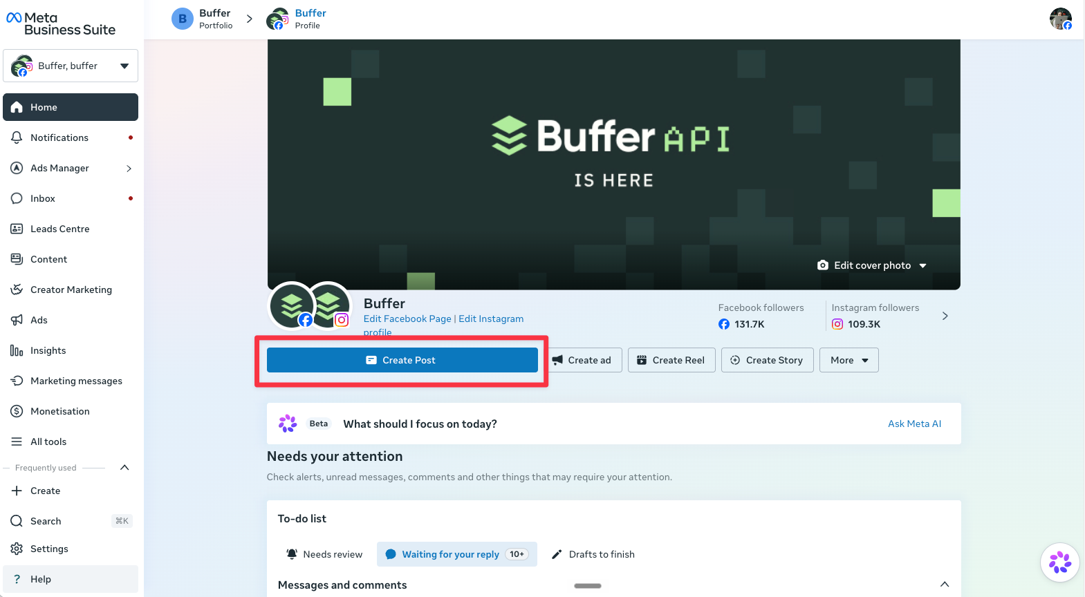 Meta Business Suite home screen for the Buffer Facebook Page and Instagram profile with the Create Post button highlighted, next to Create Reel and Create Story