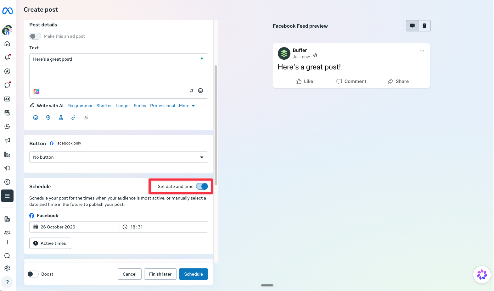 Scheduling a Facebook post in Meta Business Suite’s Create post screen with the Set date and time toggle switched on and a date and time picker below it
