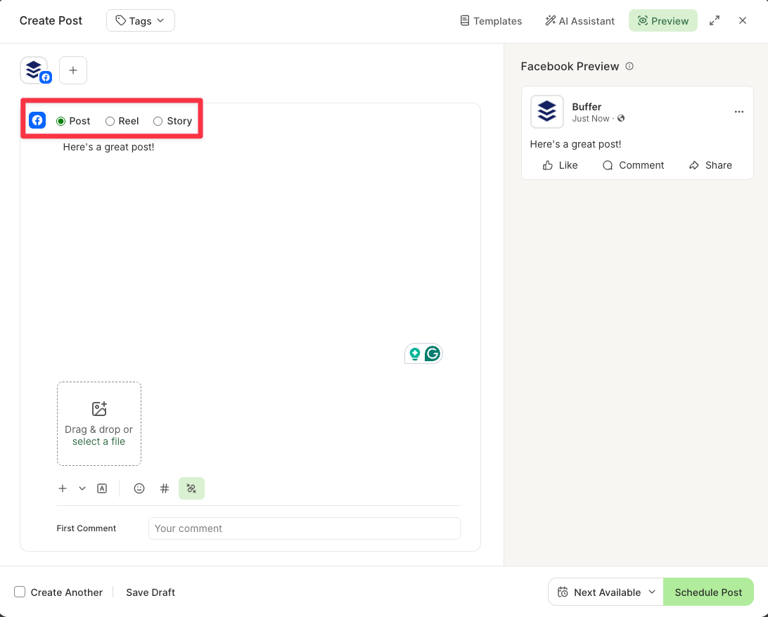 Buffer Create Post window for a Facebook Page with the Post, Reel, and Story options highlighted above the caption box, and a Facebook preview on the right