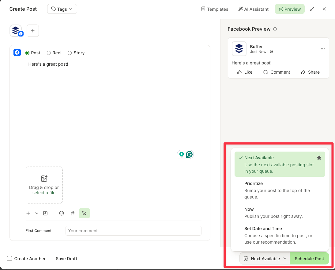 Buffer Create Post scheduling menu with four options highlighted: Next Available, Prioritize, Now, and Set Date and Time, next to the Schedule Post button