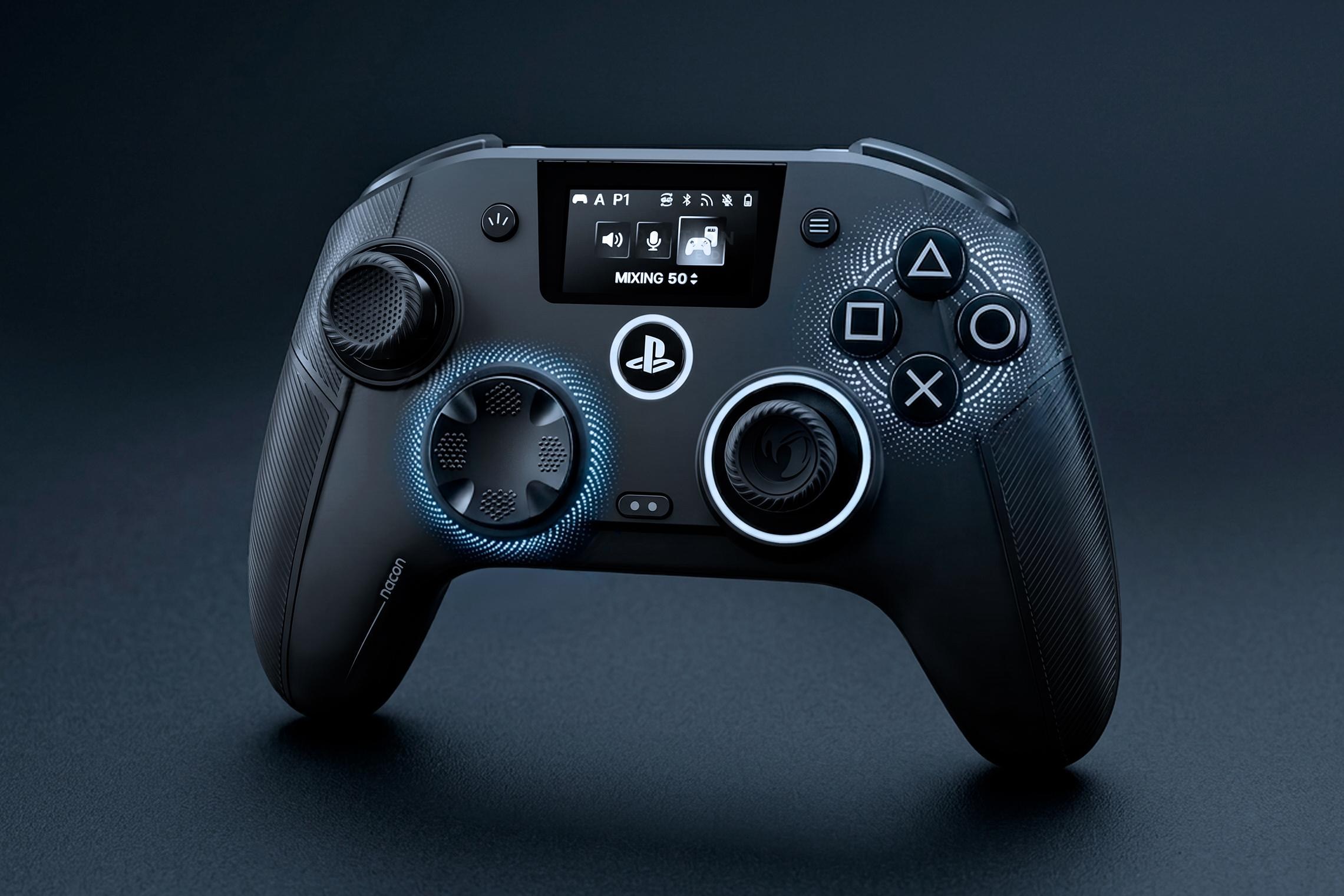 The Nacon Revolution 5 Unlimited PS5 controller on a gradient backdrop.