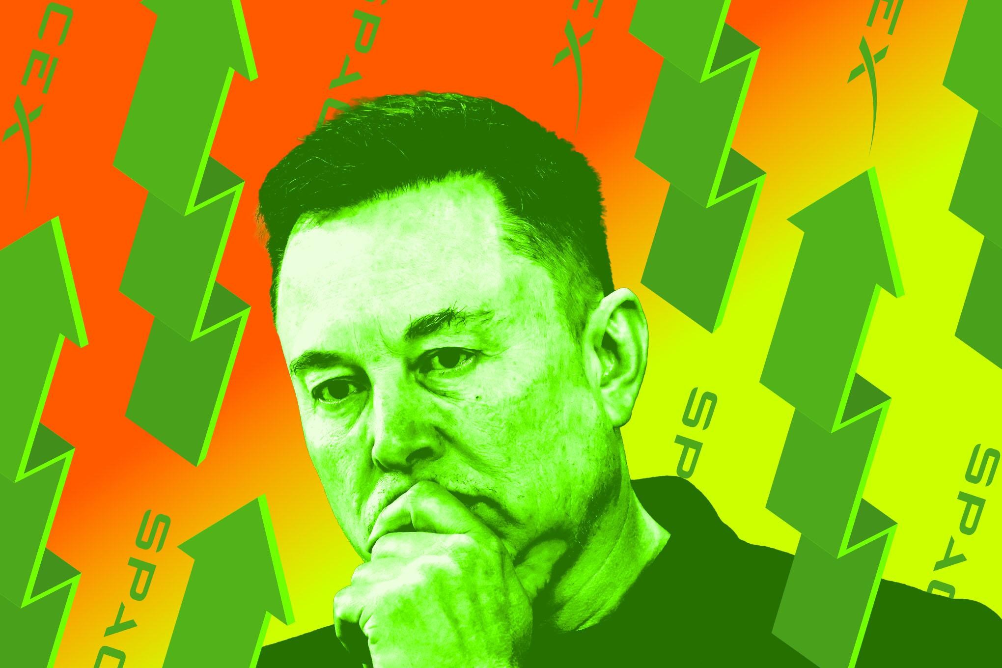 Elon Musk with big green arrows pointing up.