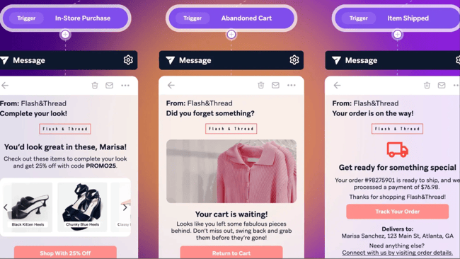 Braze campaign journeys showing personalized emails triggered by an in-store purchase, abandoned cart, and shipped order.