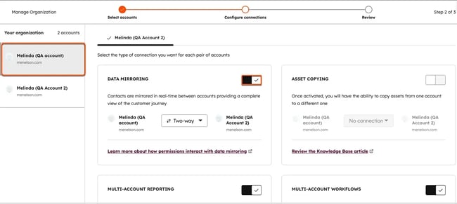 HubSpot enterprise email marketing software multi-account management screen for sharing approved data, assets, reports, and workflows across two business accounts.