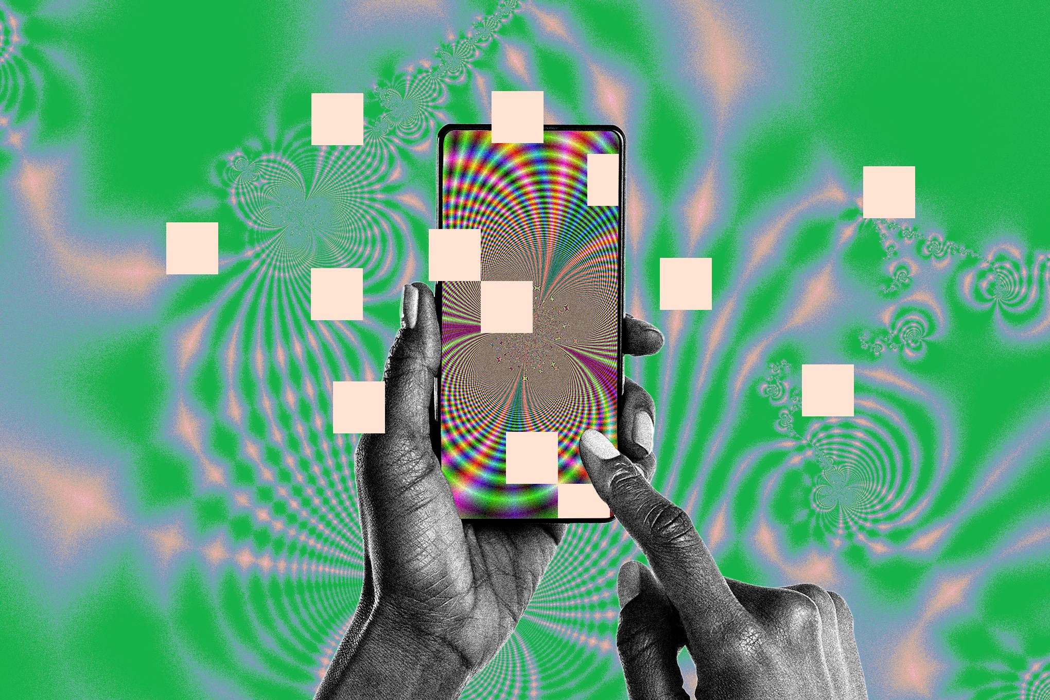 Person’s hands holding a phone screen with a trippy spiral background.